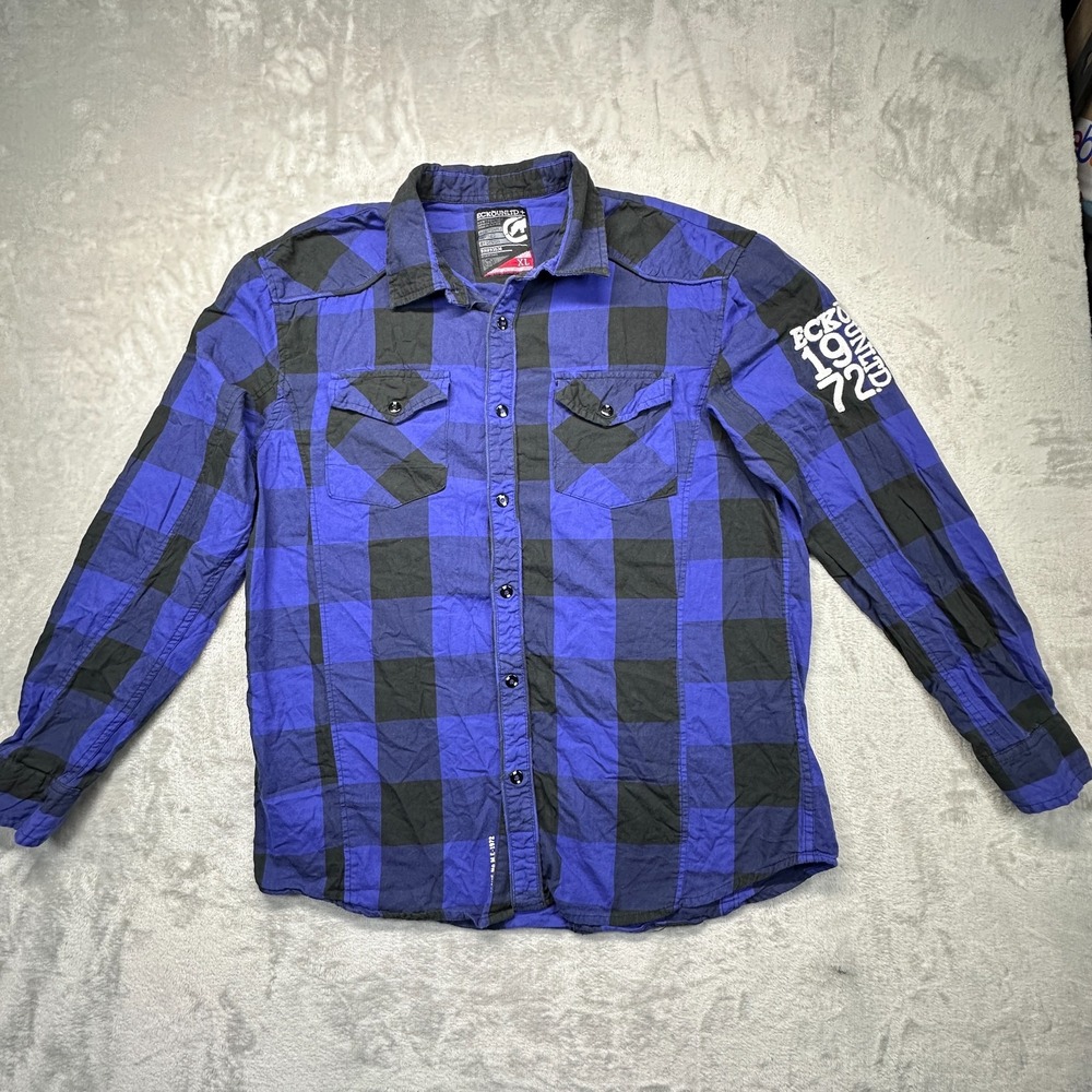 Ecko Unltd Western Shirt Mens XL Blue Black Plaid Cotton Cowboy Rodeo Button Up